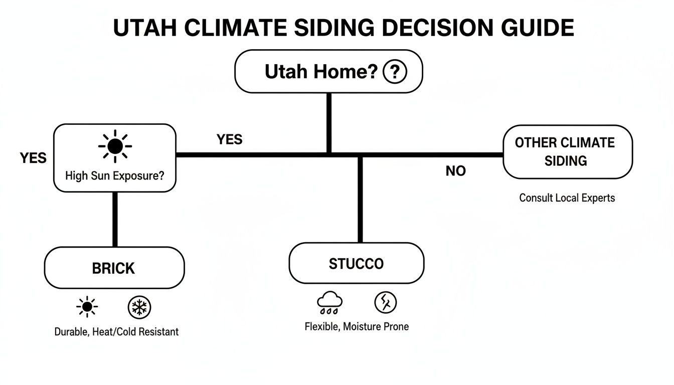 Flowchart guiding siding decisions for Utah homes, recommending brick or stucco based on sun exposure.
