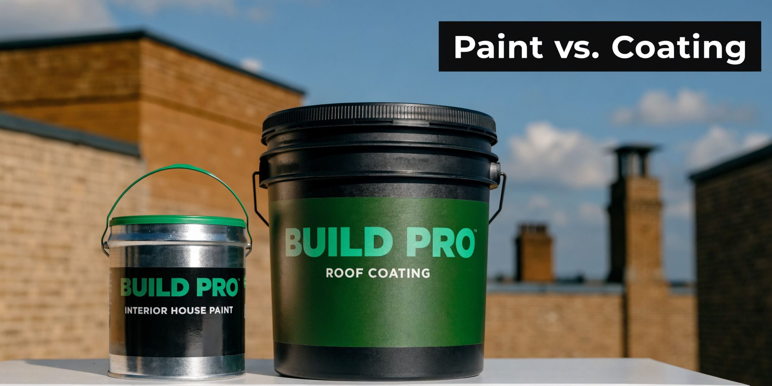 A can of Build Pro interior house paint beside a large bucket of Build Pro roof coating.