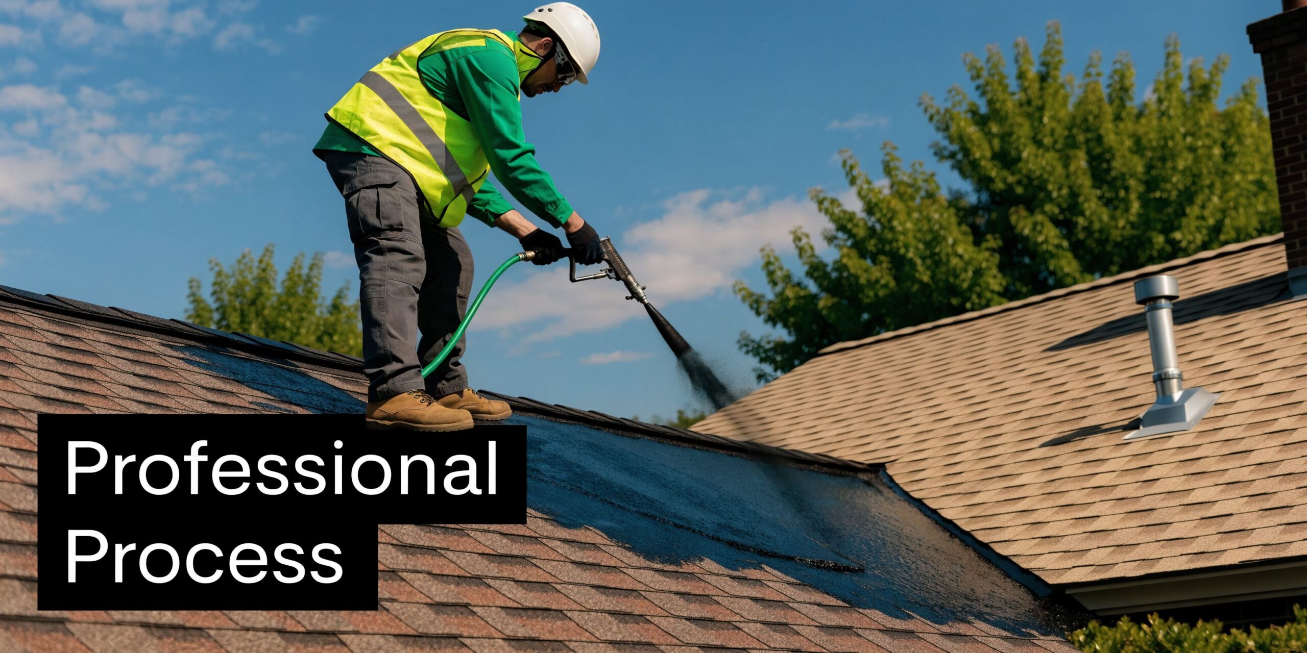 A professional construction worker wearing safety gear power washing and cleaning an old asphalt shingle roof.