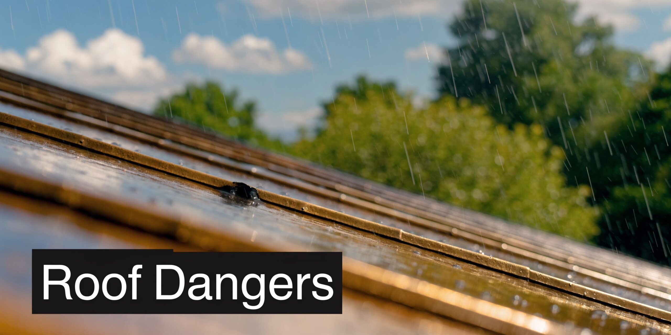 Rain falling on a sloped metal roof, emphasizing the potential hazards and safety risks during storms.