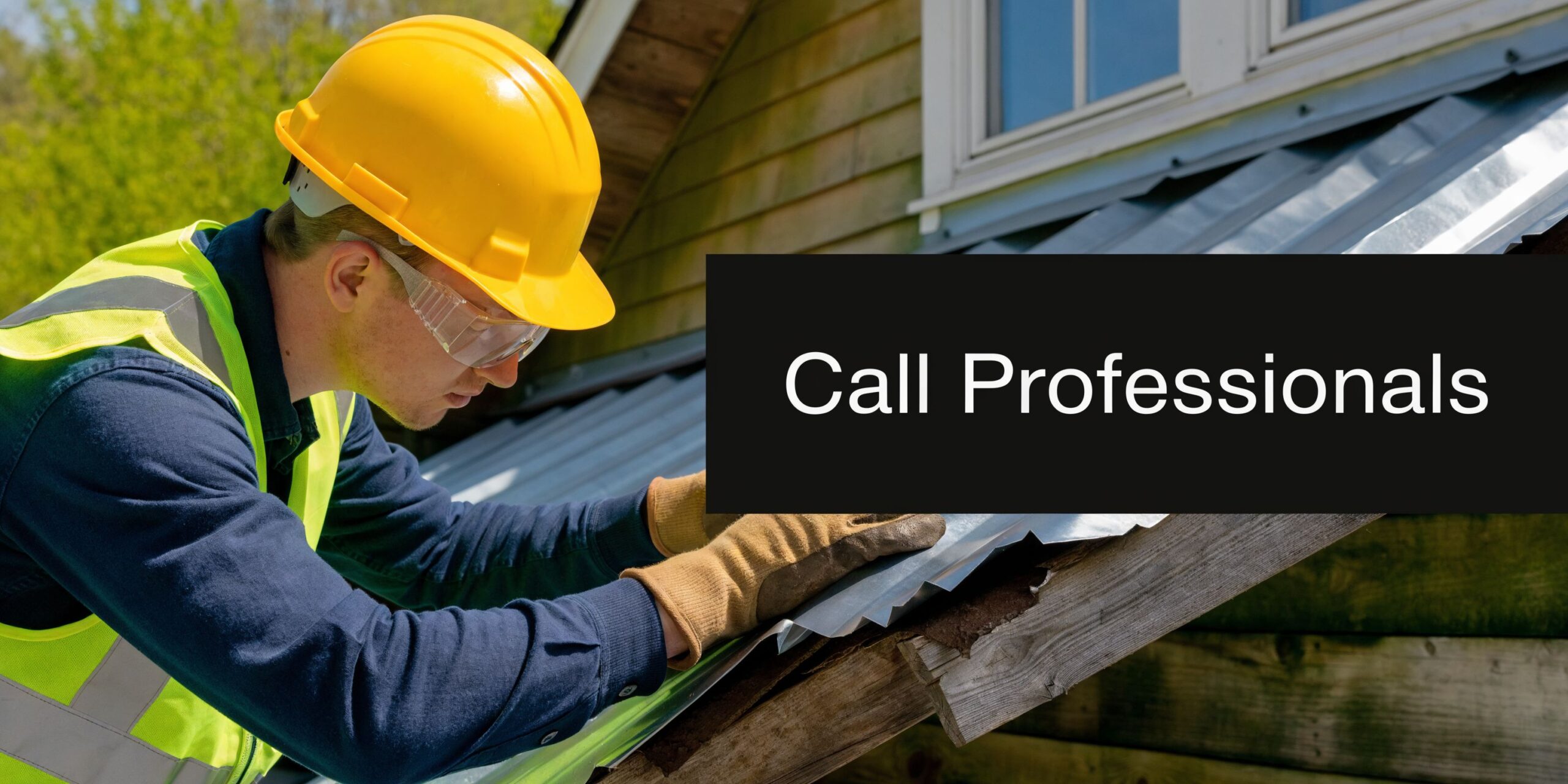 A professional construction worker wearing a yellow hard hat and protective gear inspects a metal roof installation.