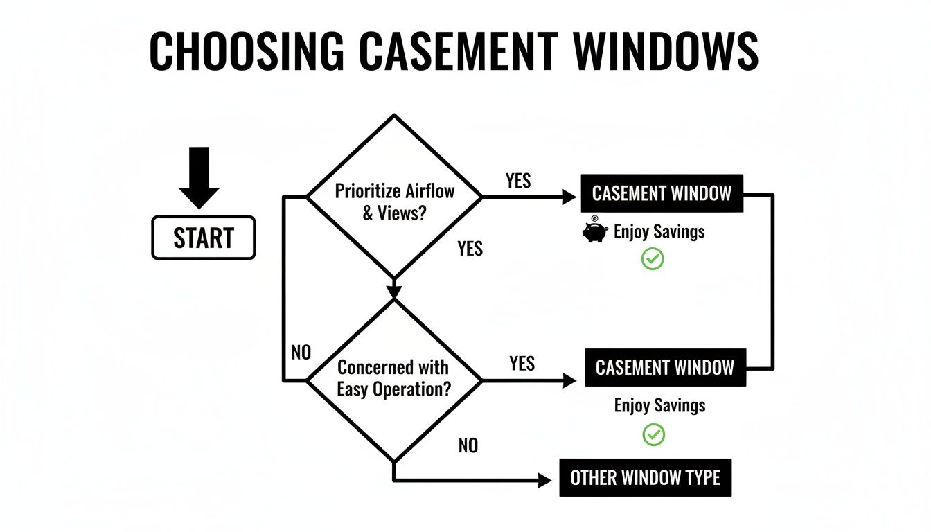 Flowchart for choosing casement windows based on prioritizing airflow, views, easy operation, and potential savings.