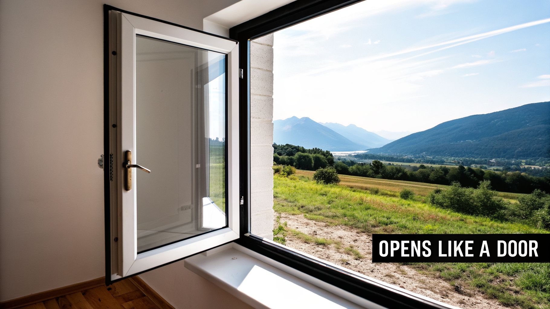 An open casement window reveals a panoramic view of green fields, mountains, and a distant lake.