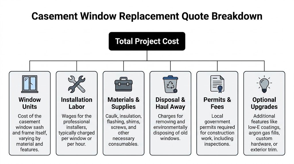 A flow chart illustrating the breakdown of costs associated with casement window replacement projects.