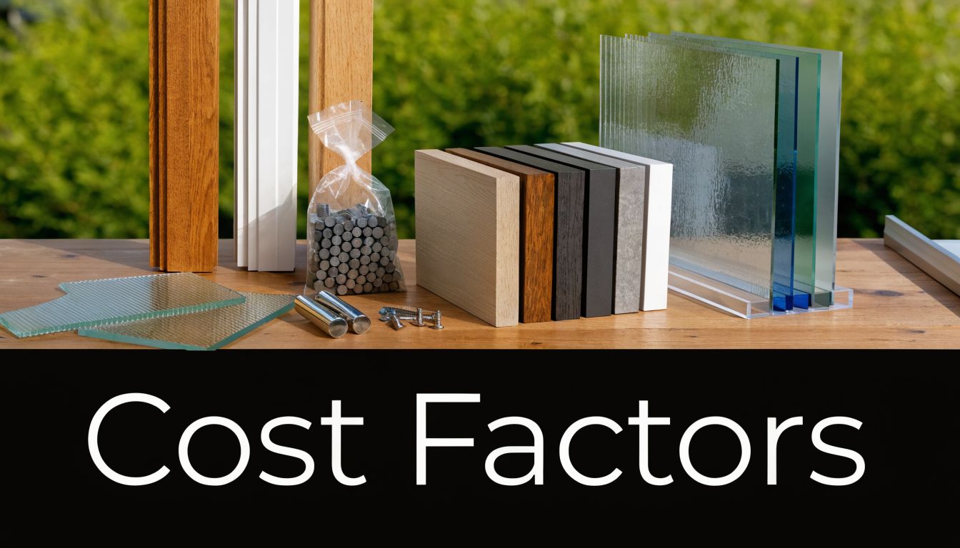 Various construction materials like wooden profiles, metal screws, and glass panels arranged on a wooden table.