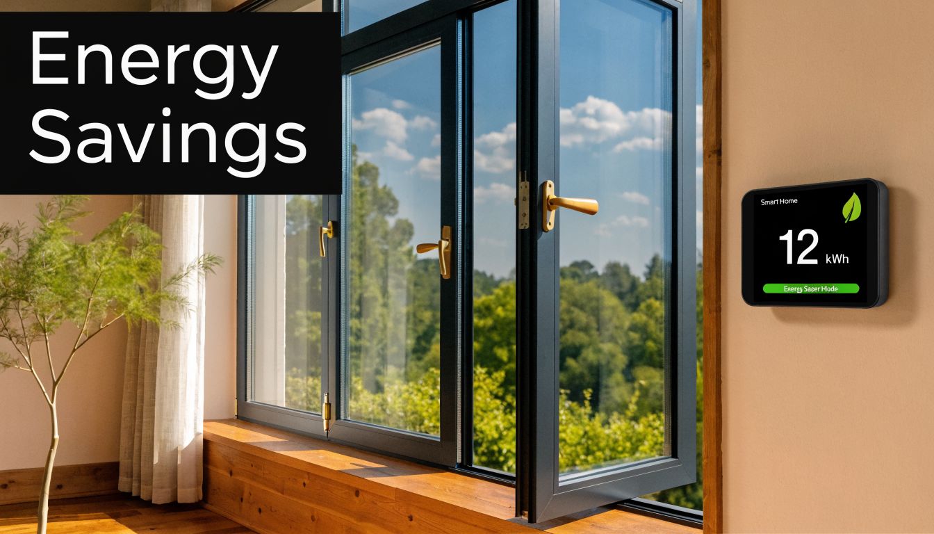 A modern smart home thermostat displays energy savings near an open window overlooking a sunny forest landscape.