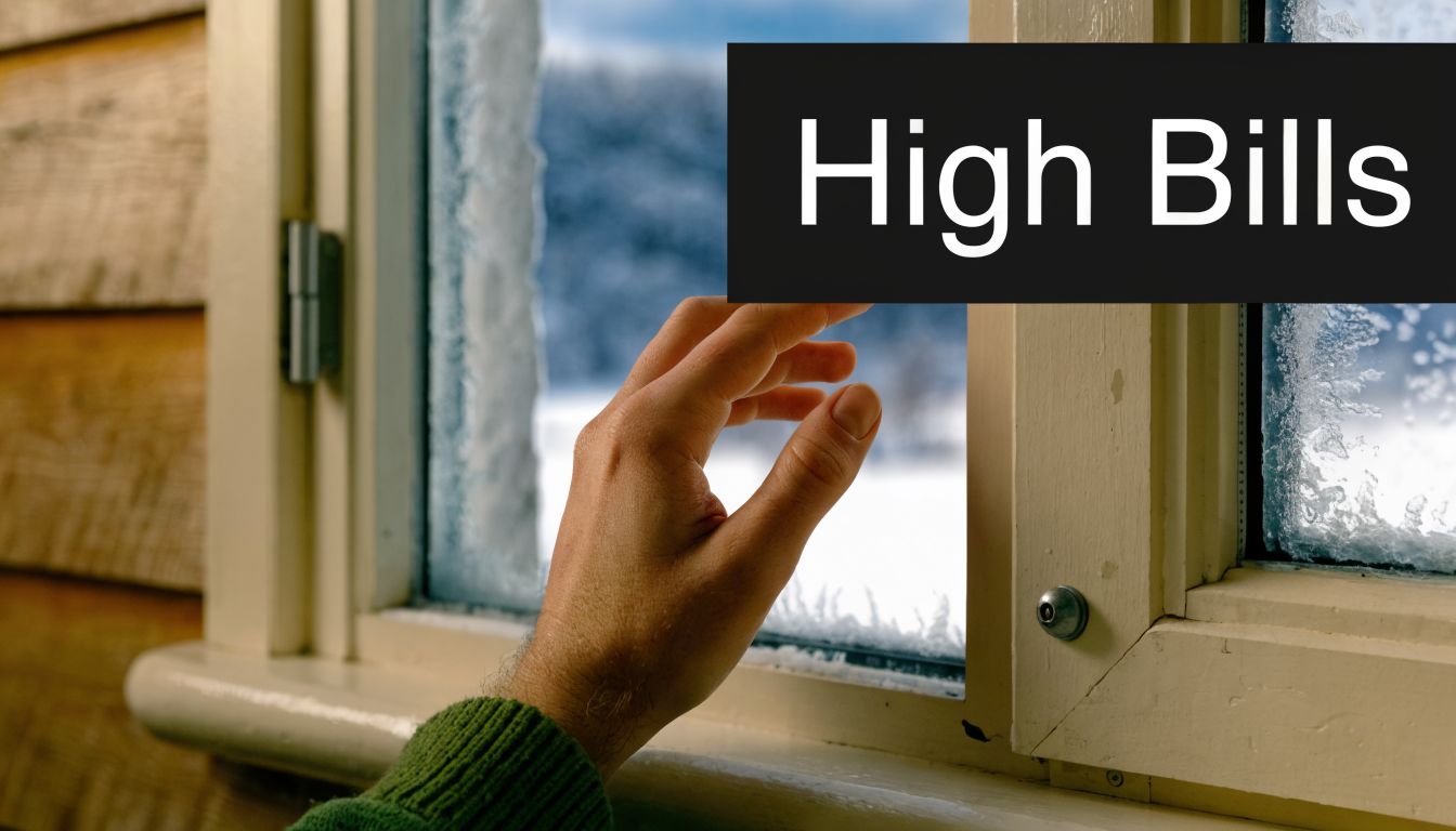 A hand touches a frosty, cold window frame in a house during a harsh winter day.