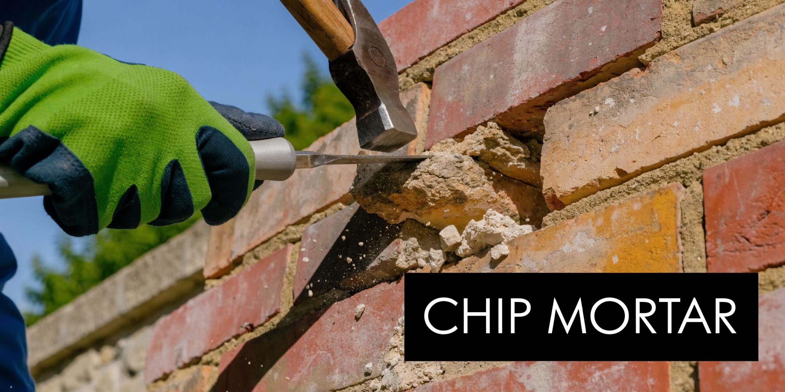 A close-up view of a gloved hand using a hammer and chisel to chip mortar off brick.