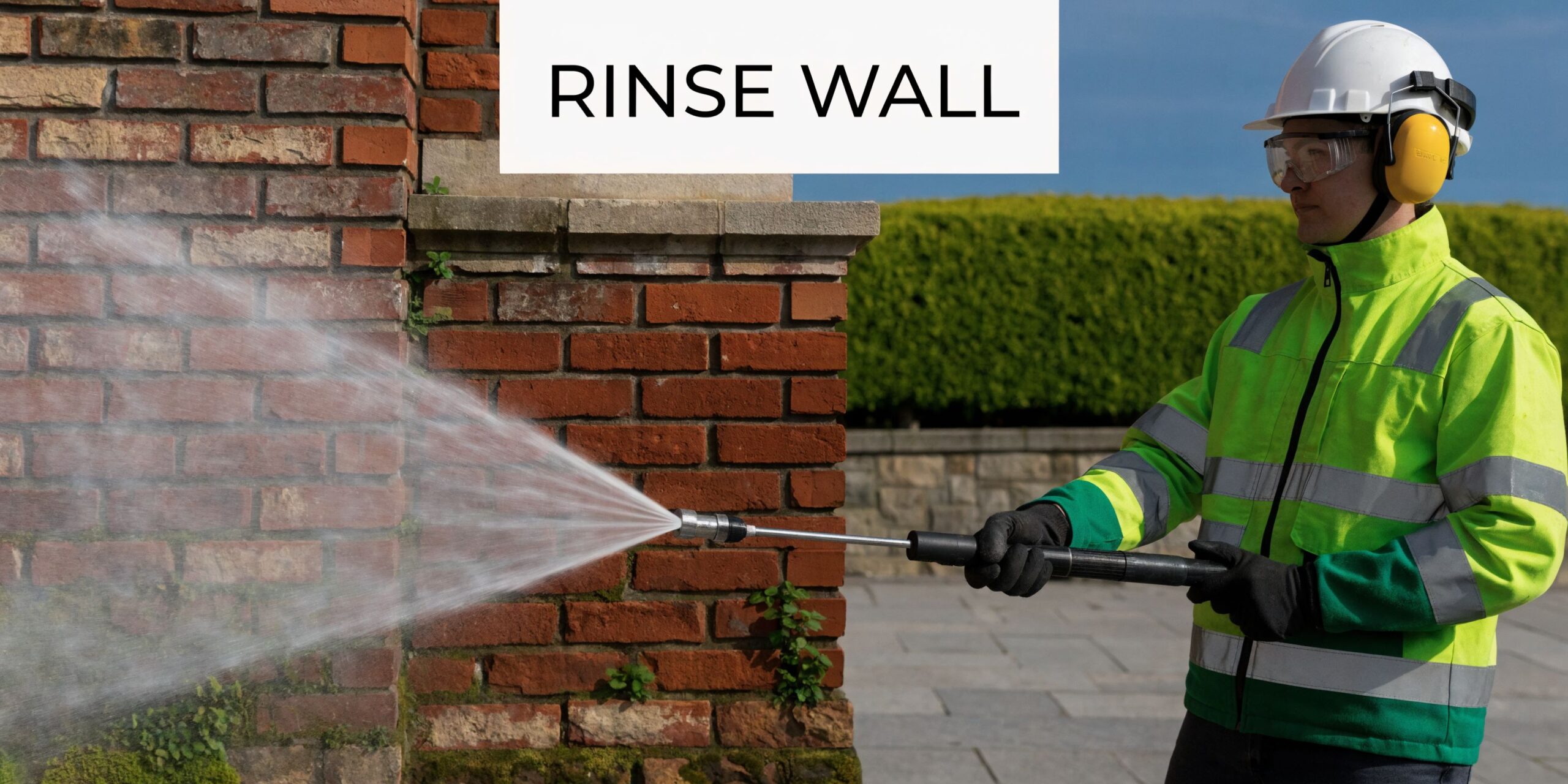 A professional construction worker using a pressure washer to clean and rinse a weathered brick wall.