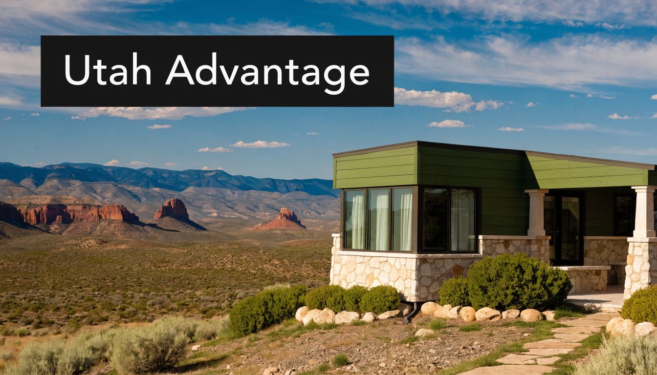 A modern home with green siding and stone base sits in a vast, scenic desert landscape.
