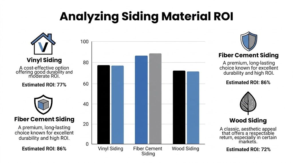 A bar chart comparing the estimated return on investment for vinyl, fiber cement, and wood siding materials.