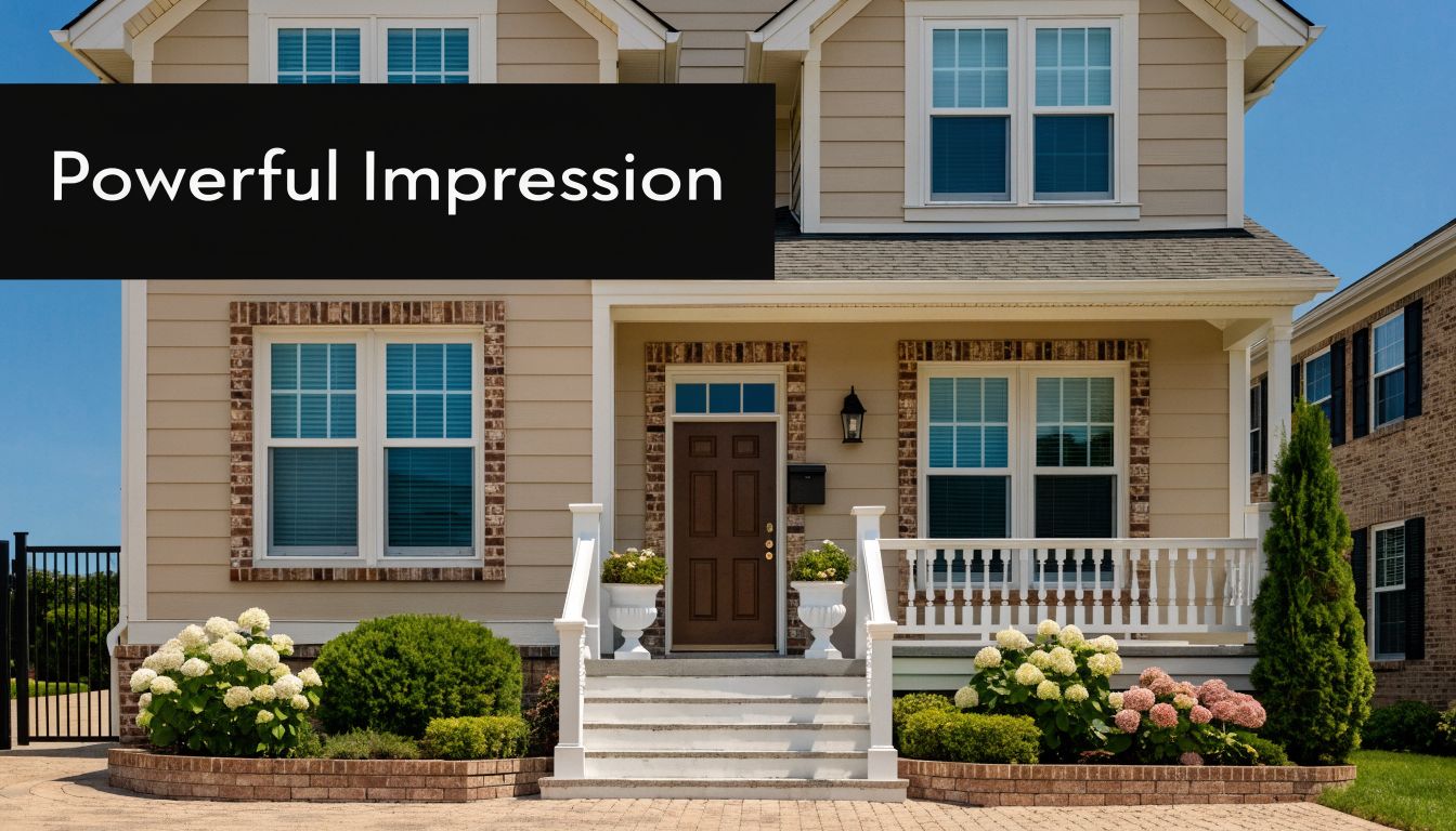 A modern two-story suburban house with beige siding, a welcoming porch, and manicured landscaping features.