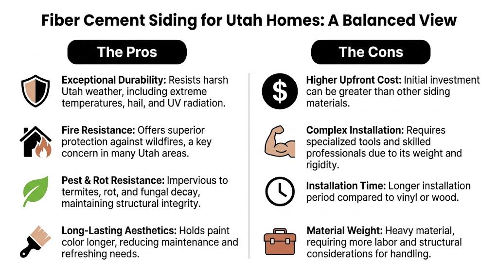 A comparison infographic showing the pros and cons of fiber cement siding for homes in Utah.