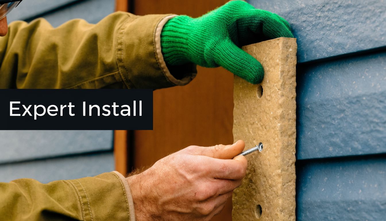 A professional construction worker installing stone facade siding on a blue house using a screw and drill.