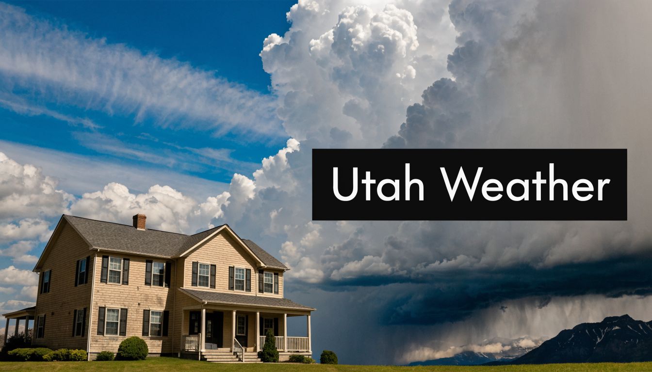 A house with fiber cement siding stands in front of a dramatic storm cloud over Utah mountains.