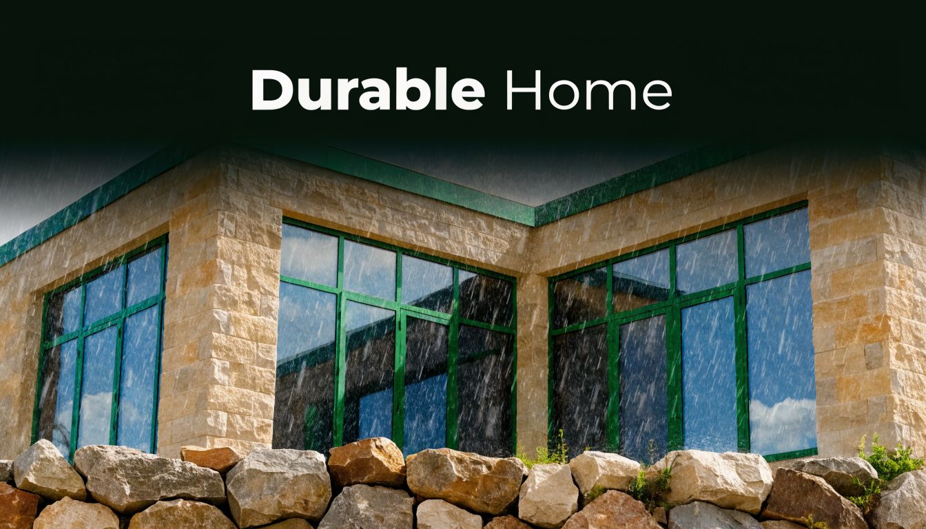 A durable stone home exterior during a rainstorm featuring modern glass windows and a stone wall.