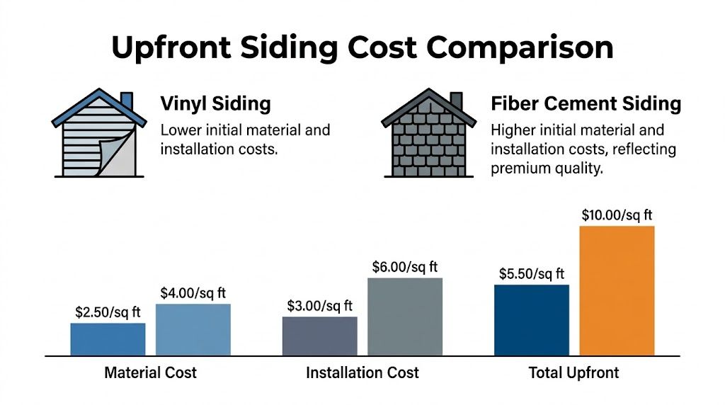 A bar chart comparing the upfront material and installation costs for vinyl and fiber cement siding.