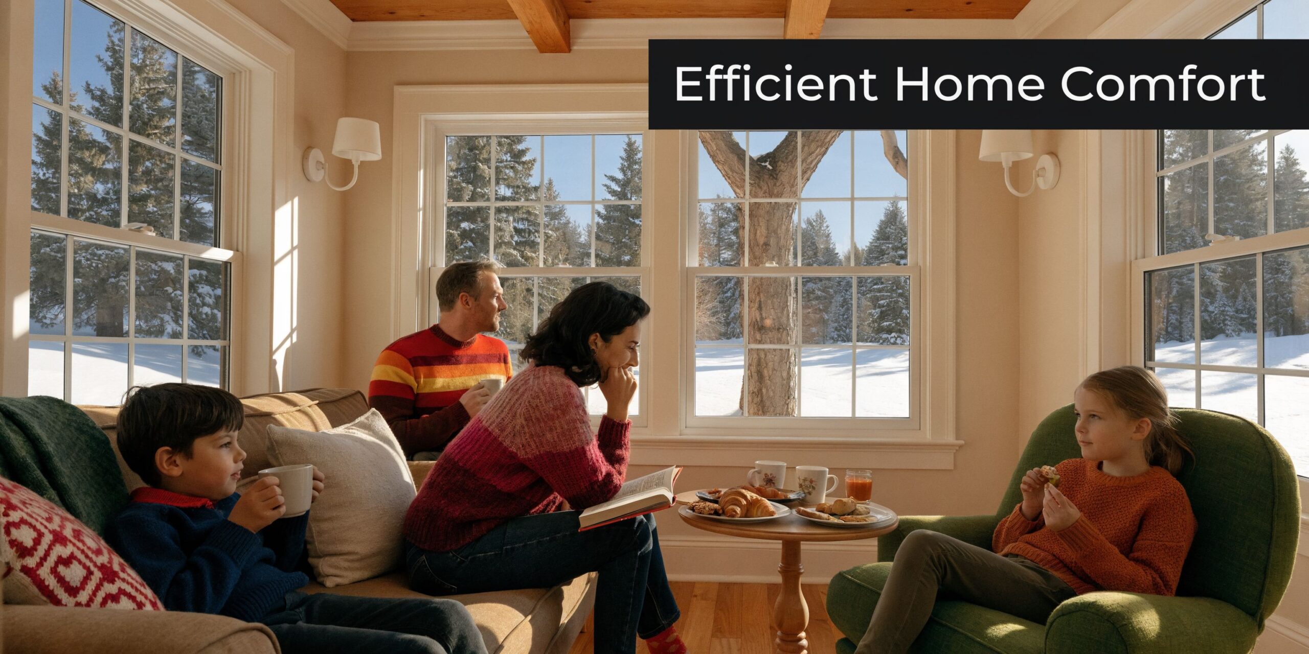 A happy family enjoys breakfast together in a cozy living room overlooking a snowy winter landscape outdoors.