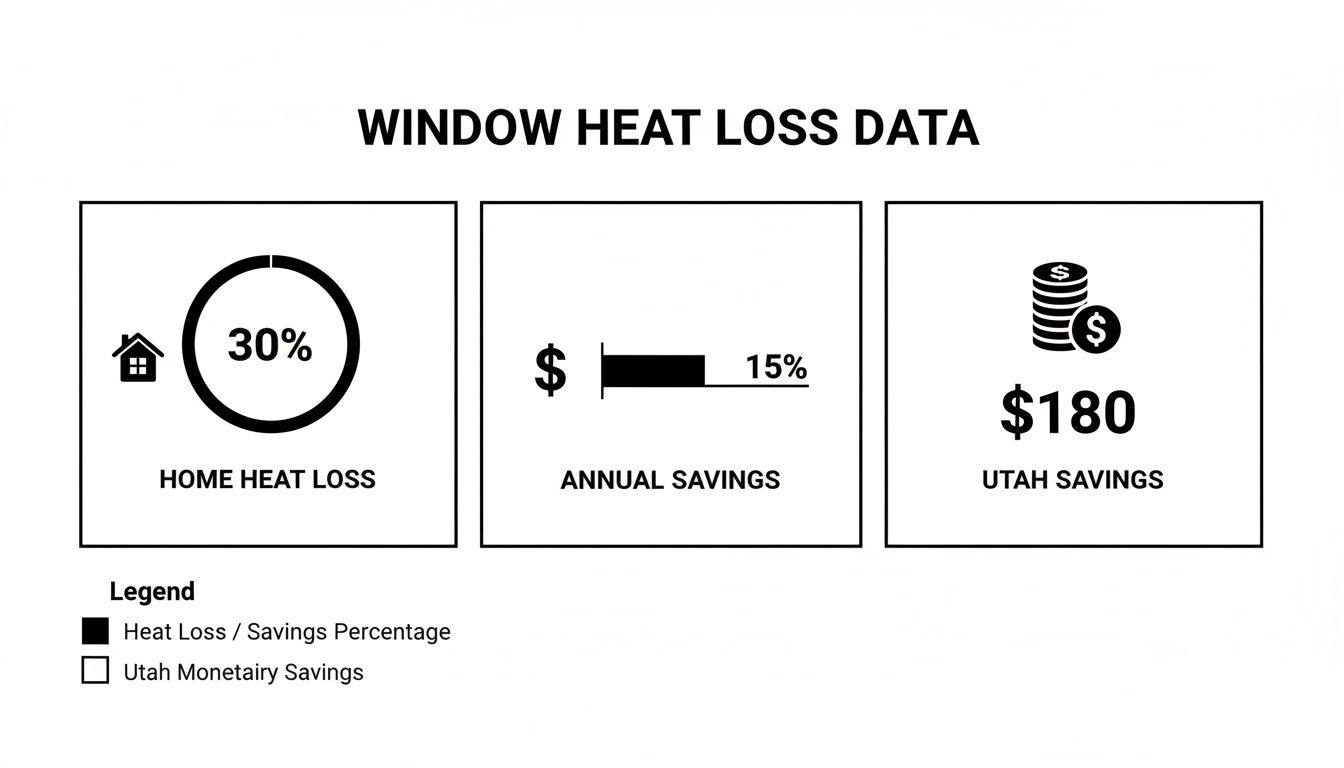 Infographic displaying window heat loss data: 30% home heat loss, 15% annual savings, and $180 Utah savings.