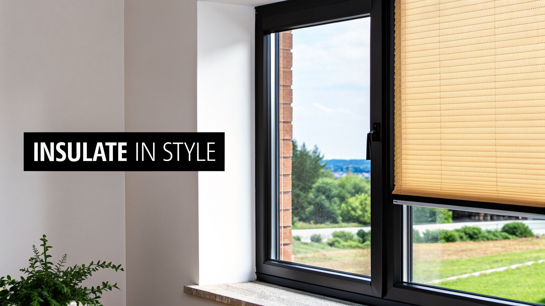 Modern window with beige pleated blinds and a scenic outdoor view, featuring 'INSULATE IN STYLE' text.