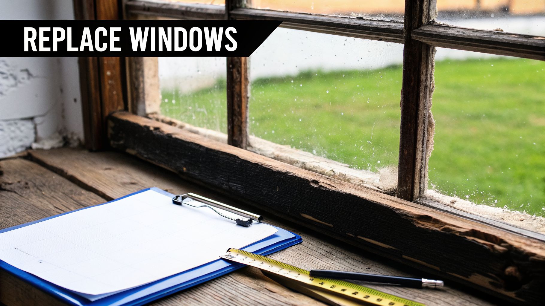 Tools on a wooden sill beside a worn window with a green field view, indicating window replacement.