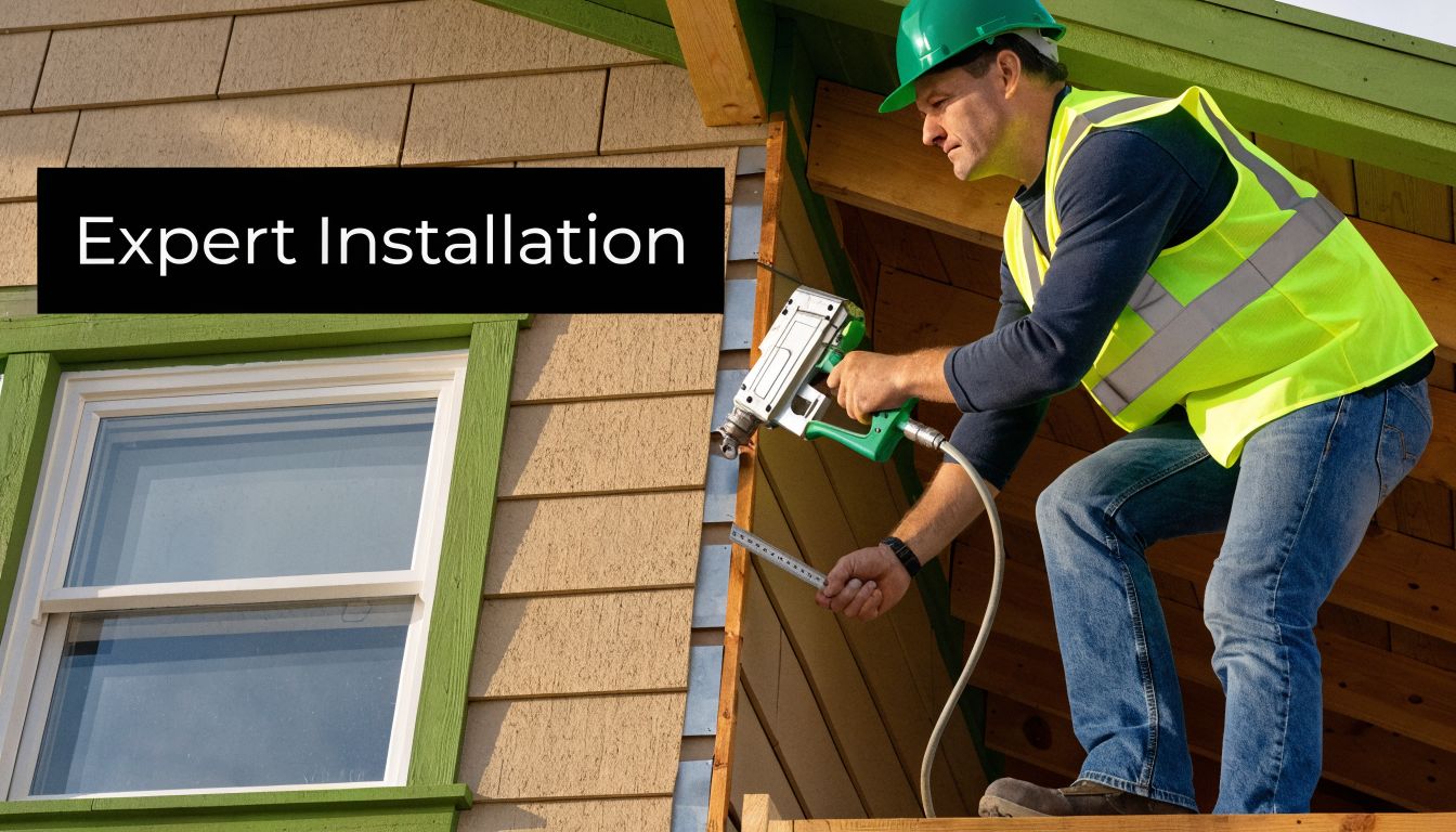 A professional construction worker installing fiber cement siding on a home exterior using a pneumatic nail gun.