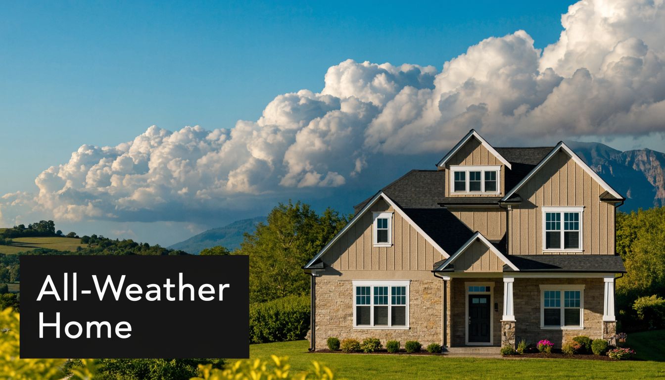 A beautiful multi-story family house with fiber cement siding exterior and stone accents under a dramatic cloudy sky.