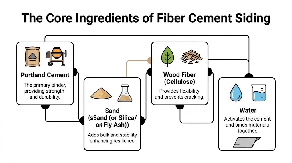 An infographic illustrating the four core ingredients of fiber cement siding: Portland cement, sand, wood fiber, and water.