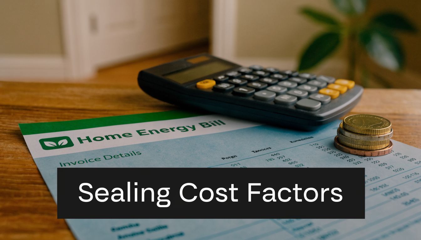 A calculator and stack of coins placed on a home energy bill labeled with sealing cost factors.