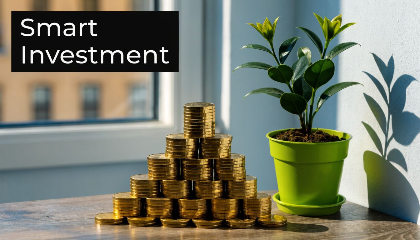 A stack of gold coins arranged in a pyramid next to a small potted plant on wood.