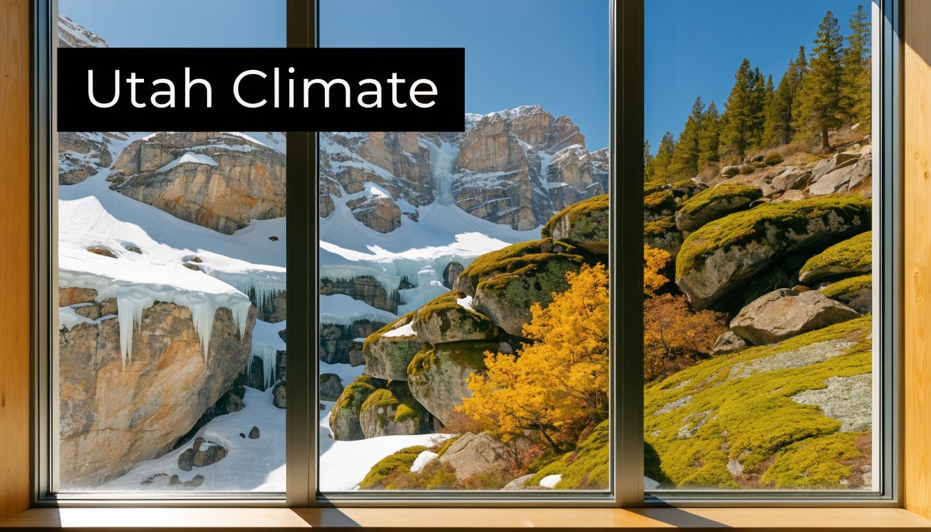 A view through energy efficient windows showing a beautiful landscape with snowy mountains and fall foliage.