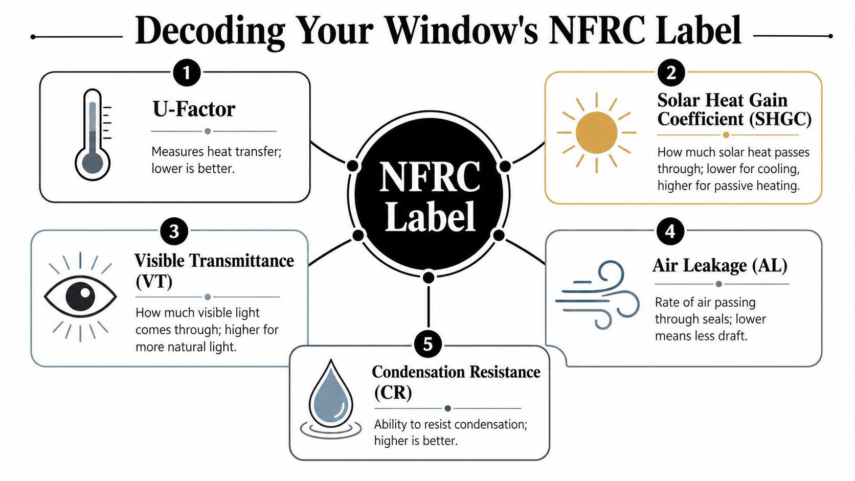 A visual guide explaining five key performance metrics found on a National Fenestration Rating Council window label.