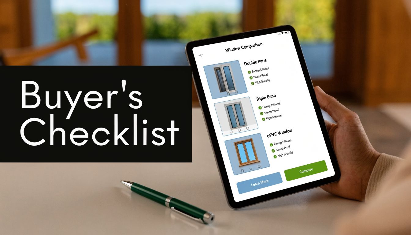 A person using a tablet to compare different window types for energy efficiency and security.