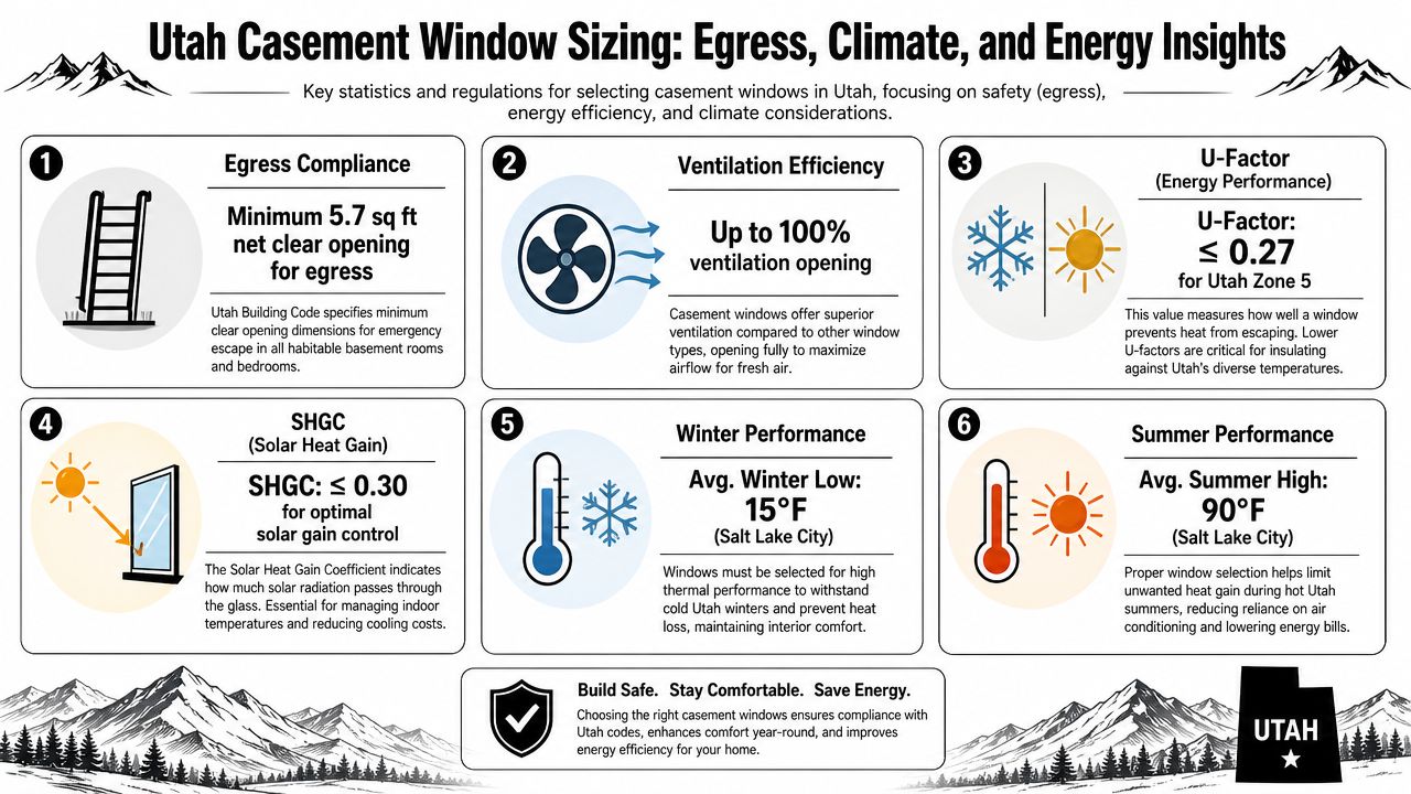 An infographic detailing Utah casement window regulations, covering egress safety, energy efficiency, and local climate standards.