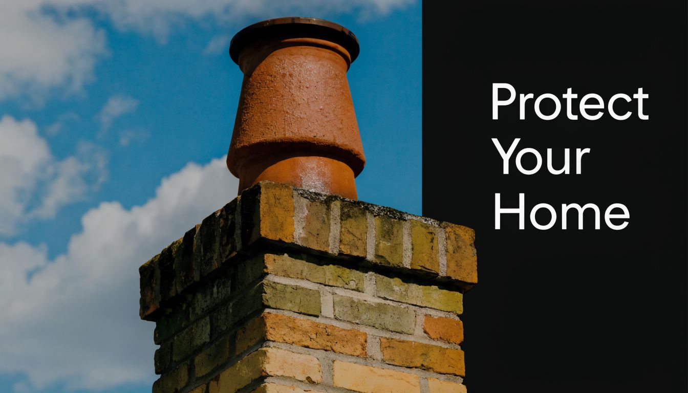 A close-up view of a brick chimney stack with a clay pot cap against a blue sky.