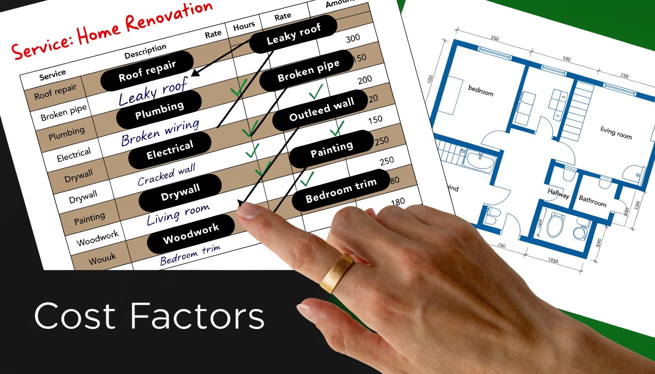 A hand pointing at a home renovation cost estimation table next to a floor plan architectural drawing.