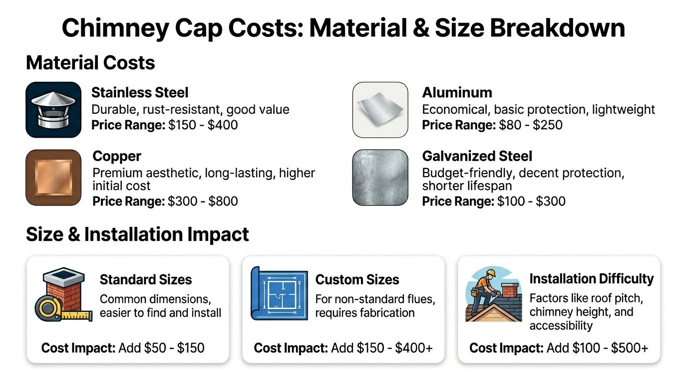 A cost breakdown infographic comparing chimney cap materials and the impact of size and installation difficulty.