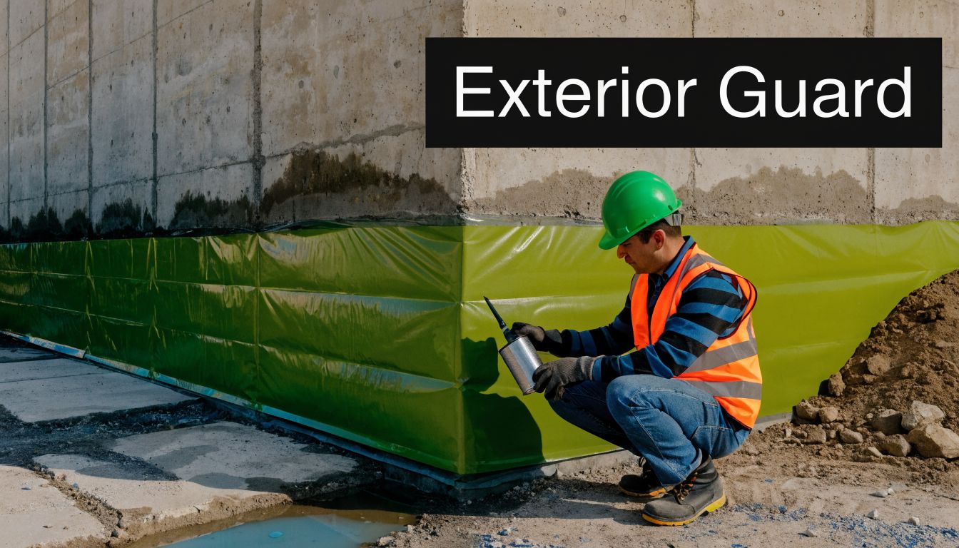A construction worker in a hard hat inspects a concrete wall foundation covered with green waterproofing membrane.
