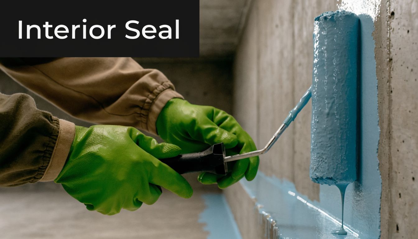 A construction worker wearing green gloves applying blue waterproof sealant to a concrete wall with a roller.