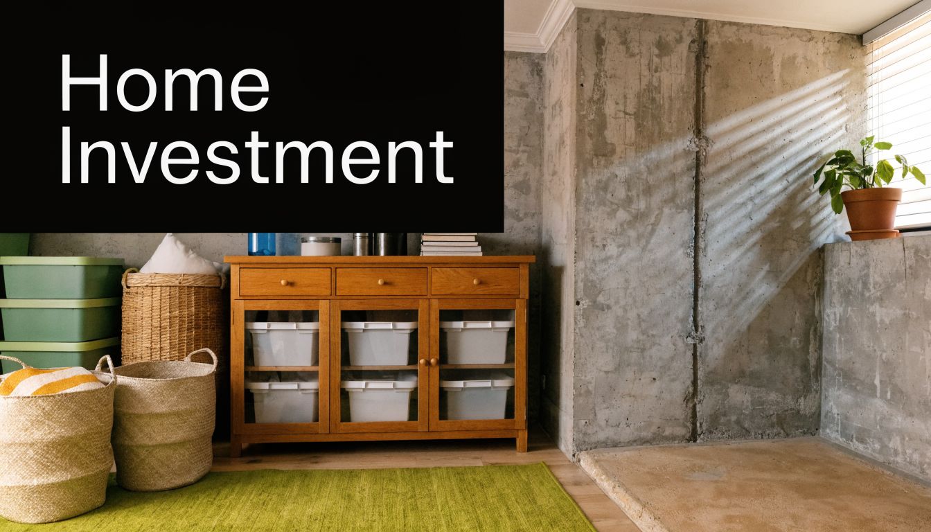 A wooden cabinet and storage baskets sit against a concrete basement wall under natural sunlight.