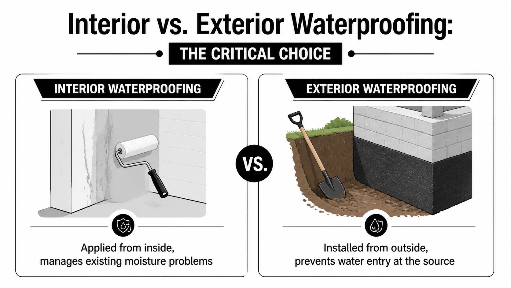 A comparison infographic between interior waterproofing applied to walls and exterior waterproofing applied to foundation footings.