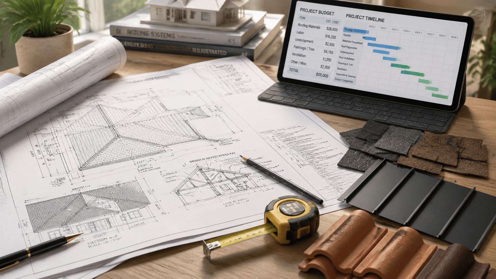 Architectural plans for a cross hipped roof project, including a budget, construction materials, and planning tools.