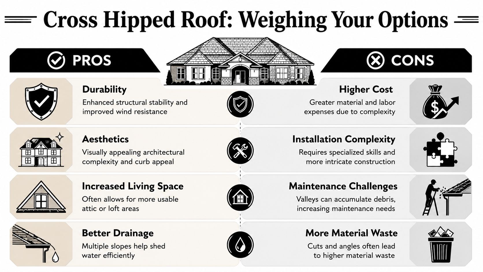 An infographic detailing the pros and cons of cross hipped roof designs for residential home construction.