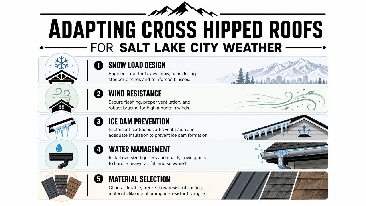 An infographic detailing five essential tips for adapting cross-hipped roofs to Salt Lake City's climate.