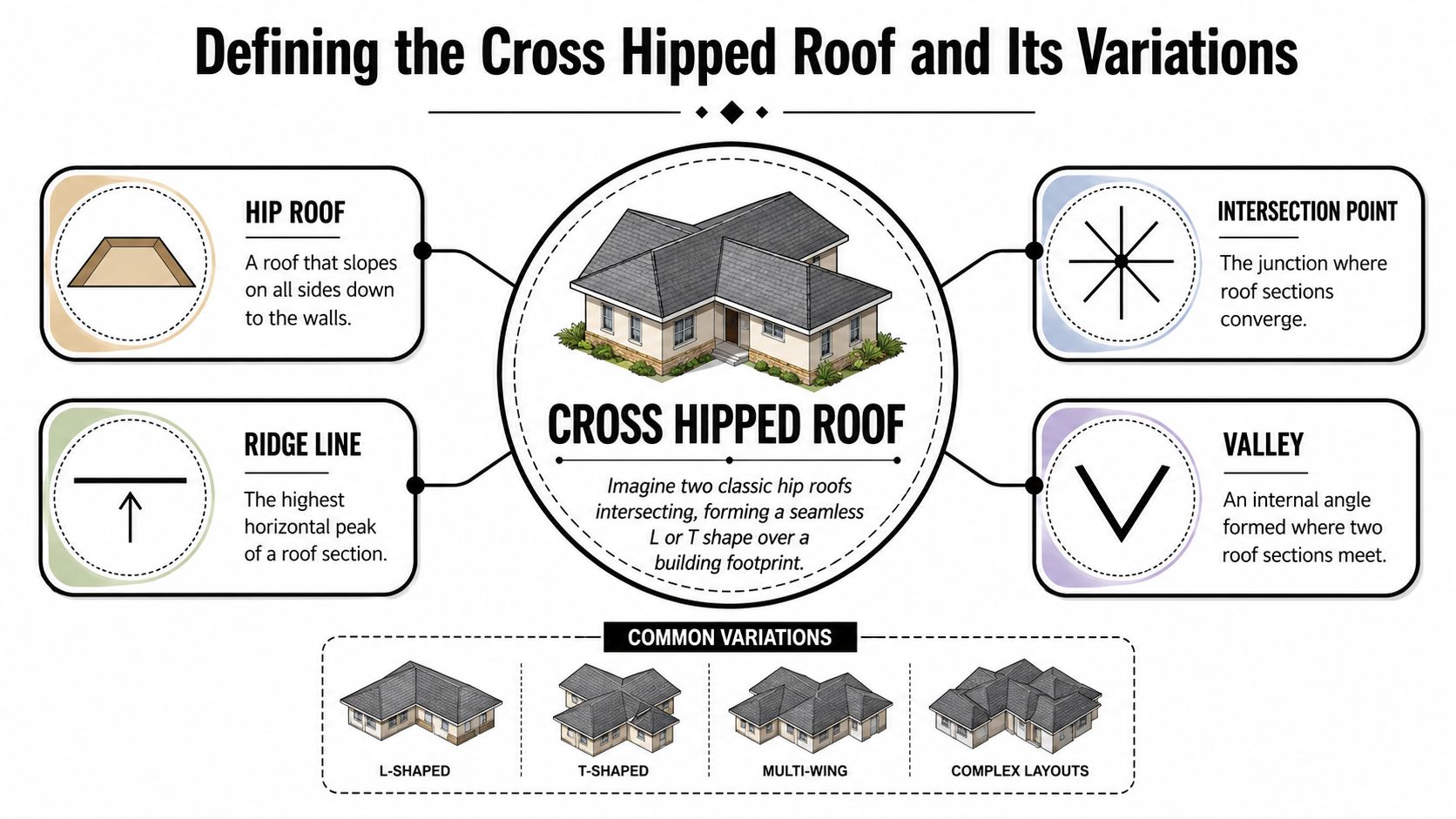 An infographic defining a cross hipped roof with diagrams showing its components and various house layouts.