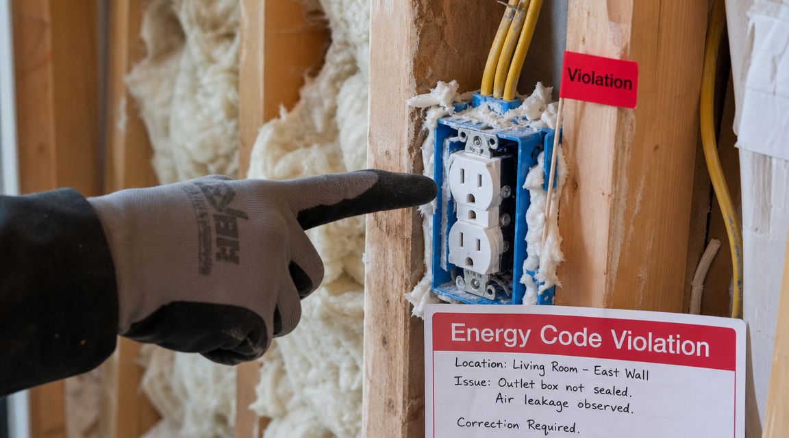A gloved finger points to an electrical outlet box marked with an energy code violation tag.