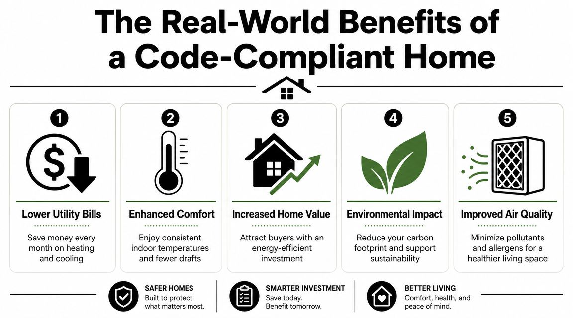 An infographic detailing five real-world benefits of owning an energy code-compliant home, including lower utility bills and comfort.