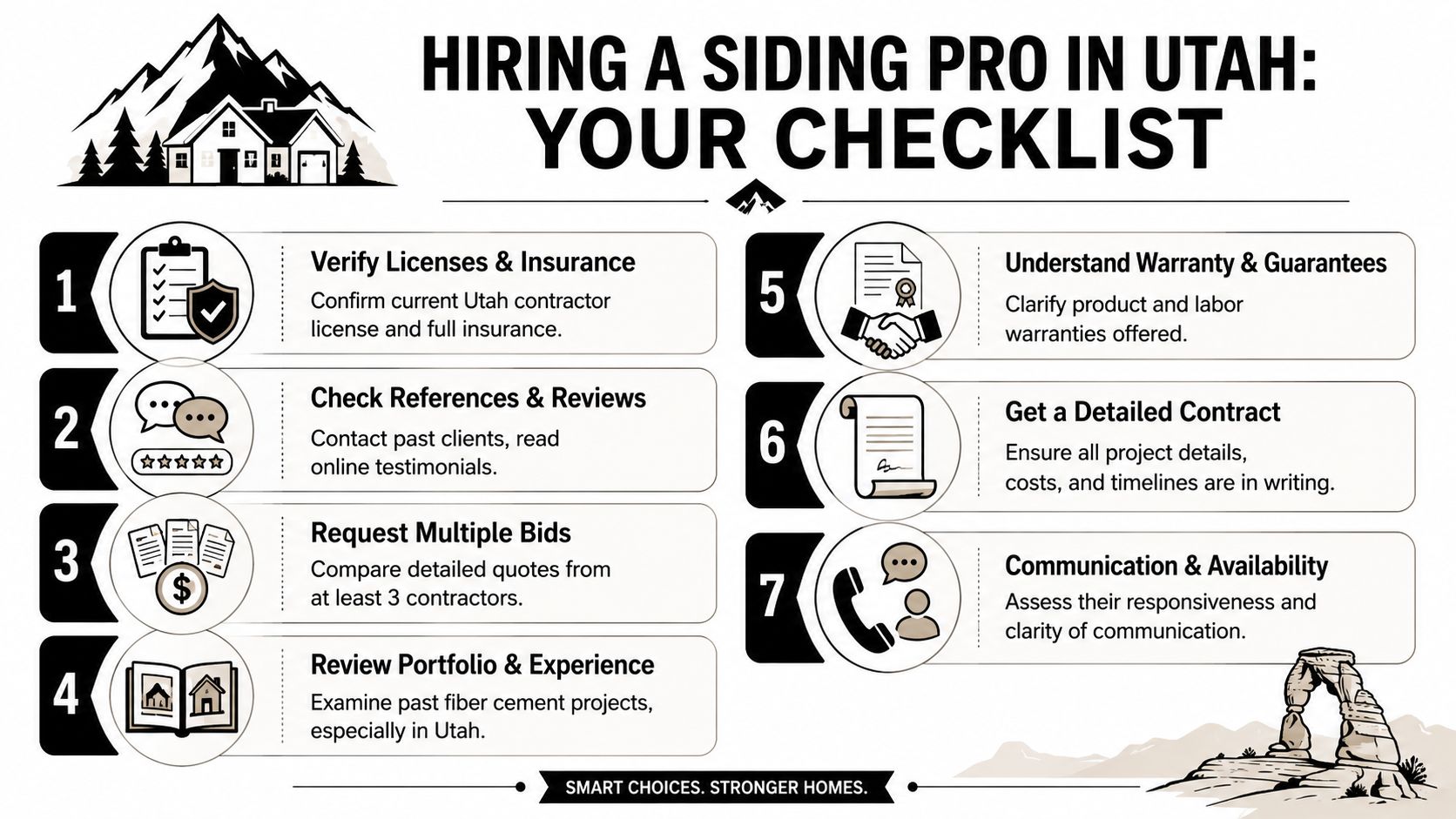 A helpful infographic checklist for hiring a professional fiber cement siding contractor in the state of Utah.