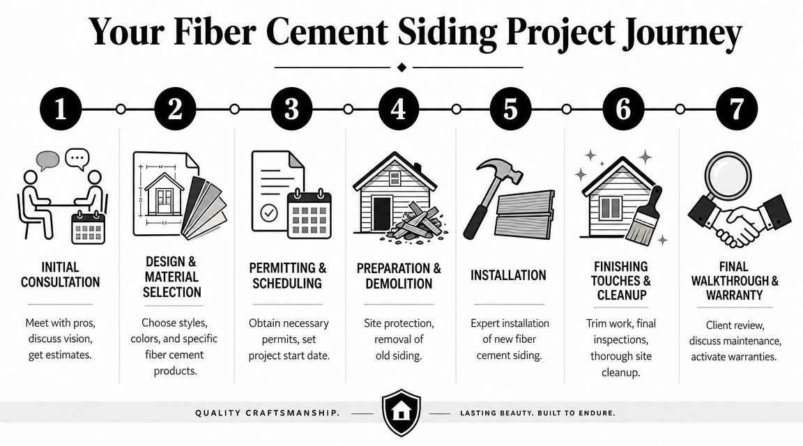 A seven-step infographic illustrating the professional process of installing fiber cement siding on a home.