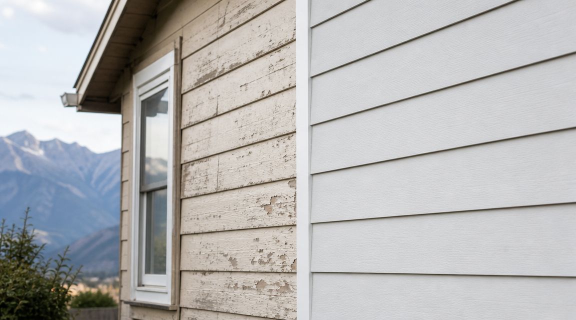A close-up view comparing old, peeling wooden siding with new, clean fiber cement board siding on a house.